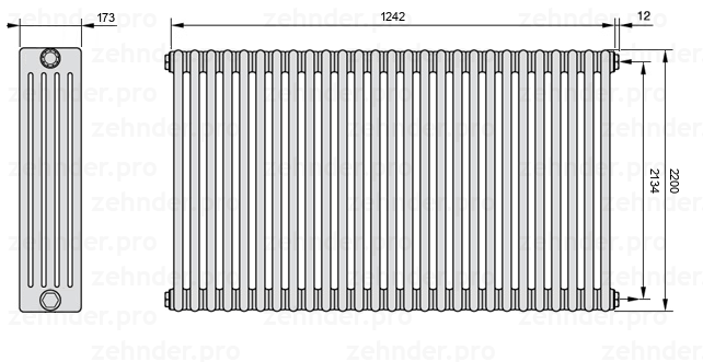 Схема (чертеж) Радиатор Zehnder Charleston 5220/27 №7610 Белый глянцевый RAL 9016